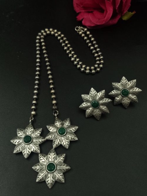 Handmade Silver Replica Flower Necklace with Matching Earrings – Long Elegant Floral Design Jewelry Set for Women