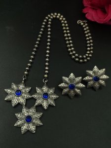 Handmade Silver Replica Flower Necklace with Matching Earrings – Attractive Long Design - Color: "Blue"