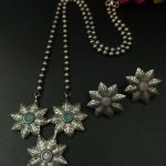 Handmade Silver Replica Flower Necklace with Matching Earrings – Attractive Long Design - "Babypink-Mint"