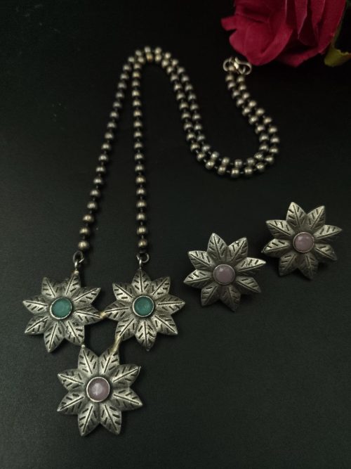 Handmade Silver Replica Flower Necklace with Matching Earrings – Long Elegant Floral Design Jewelry Set for Women