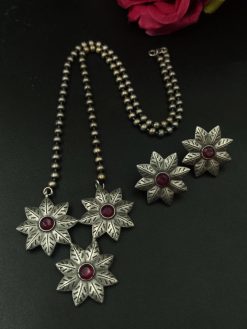 Handmade Silver Replica Flower Necklace with Matching Earrings – Long Elegant Floral Design Jewelry Set for Women
