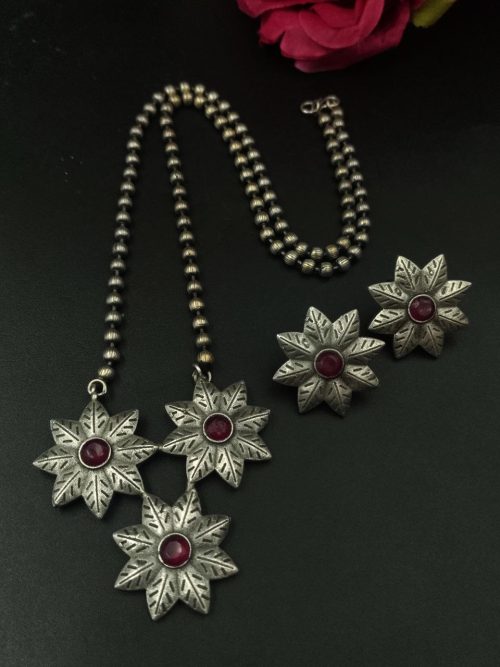 Handmade Silver Replica Flower Necklace with Matching Earrings – Long Elegant Floral Design Jewelry Set for Women