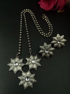 Handmade Silver Replica Flower Necklace with Matching Earrings – Attractive Long Design - Color: "White"