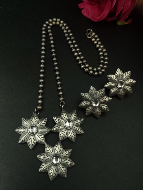 Handmade Silver Replica Flower Necklace with Matching Earrings – Long Elegant Floral Design Jewelry Set for Women