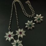 Handmade Silver Replica Flower Necklace with Matching Earrings – Attractive Long Design - "Red-Green"