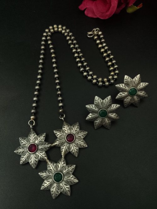 Handmade Silver Replica Flower Necklace with Matching Earrings – Long Elegant Floral Design Jewelry Set for Women