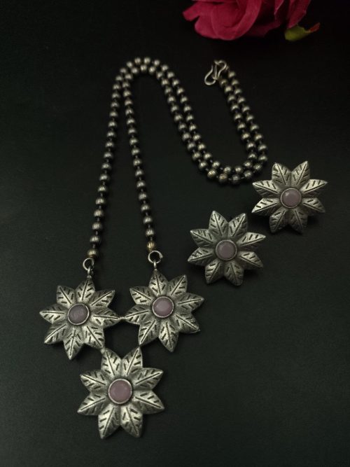 Handmade Silver Replica Flower Necklace with Matching Earrings – Long Elegant Floral Design Jewelry Set for Women