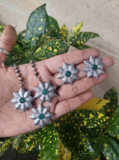 Handmade Silver Replica Flower Necklace with Matching Earrings – Long Elegant Floral Design Jewelry Set for Women