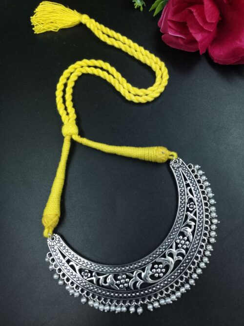 Traditional pearl floral art choker necklace with adjustable thread for ethnic wear.