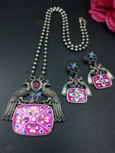 Traditional Best Hand Painted Peacock Necklace Set | Silver Plated Ethnic Jewelry with Stone Work - color: "Red-Multi"