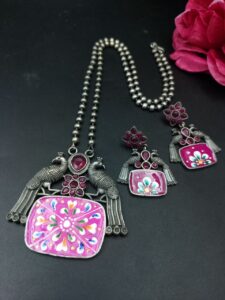 Traditional Best Hand Painted Peacock Necklace Set | Silver Plated Ethnic Jewelry with Stone Work - color: "Red"