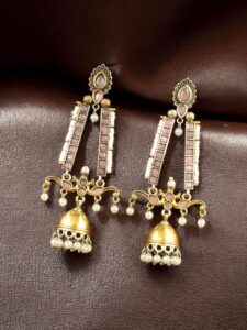 Traditional Long Two-Tone Jhumki Earrings | Pearl & Stone Work Dangler Amazing Jewelry for Women - color: "Baby Pink"
