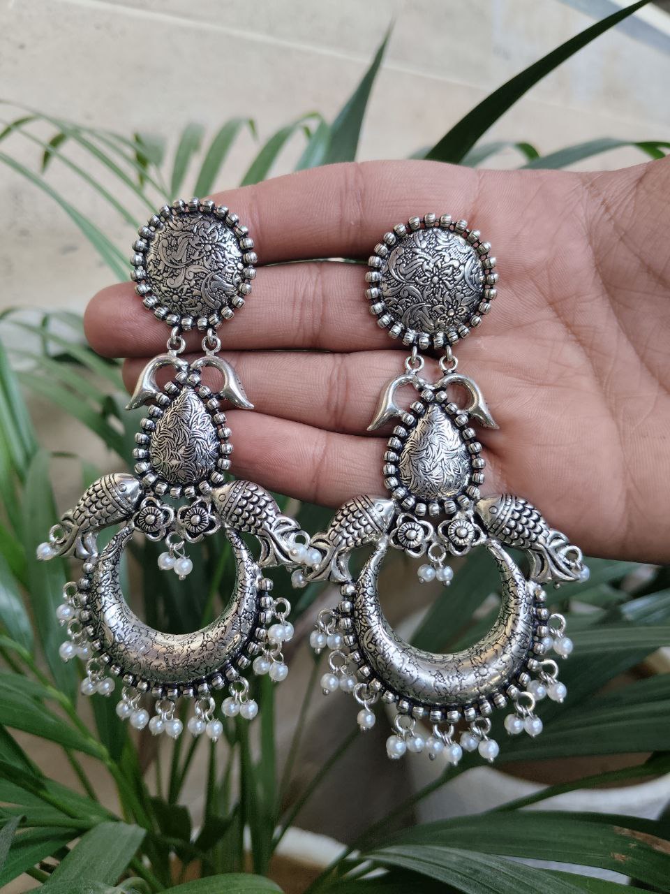 Traditional Fish Design Earrings | Oxidized Silver Plated Dangler with Pearl Work 2 Traditional Fish Design Earrings | Oxidized Silver Plated Dangler with Pearl Work - Image 2