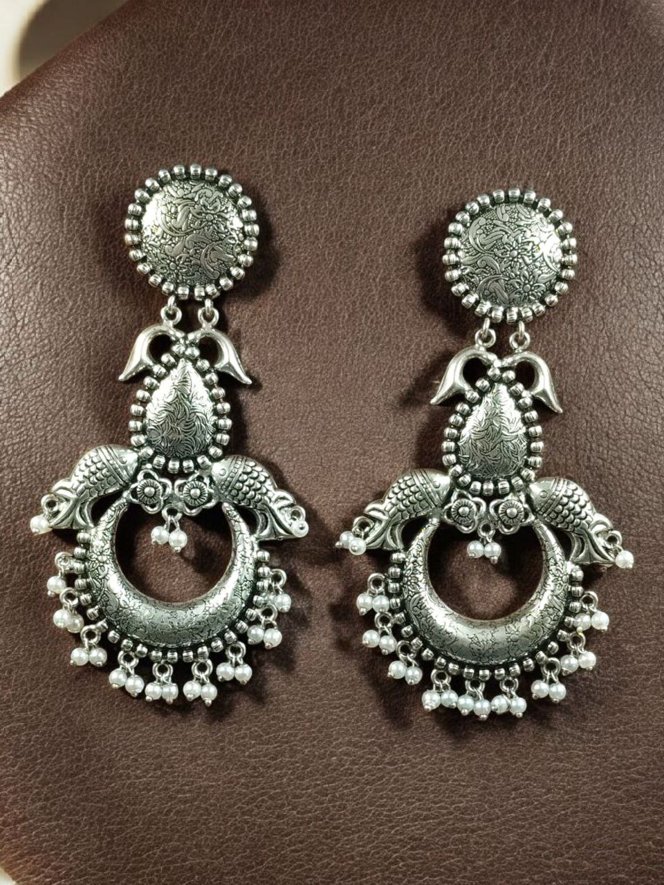 Traditional Fish Design Earrings | Oxidized Silver Plated Dangler with Pearl Work 3 Traditional Fish Design Earrings | Oxidized Silver Plated Dangler with Pearl Work - Image 3