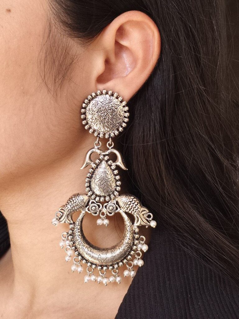Traditional Fish Design Earrings | Oxidized Silver Plated Dangler with Pearl Work