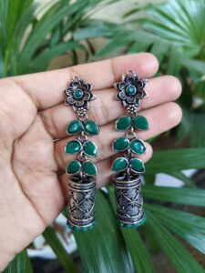 Silver Plated Oxidized Jhumki Dangler Earrings | Stone & Pearl Detailing Perfect Traditional Look Jewelry - color: "Green"