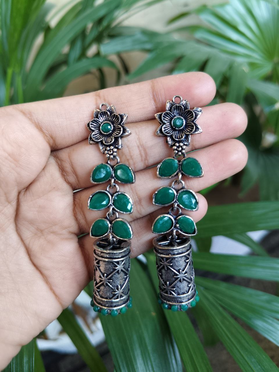 Silver Plated Oxidized Jhumki Dangler Earrings | Stone & Pearl Detailing Perfect Traditional Look Jewelry 7 Silver Plated Oxidized Jhumki Dangler Earrings | Stone & Pearl Detailing Perfect Traditional Look Jewelry - Image 8