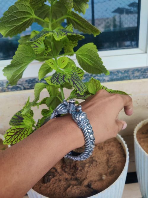 Silver Replica Peacock Bracelet | Perfect Free Size Openable kada Bangle - Image 2