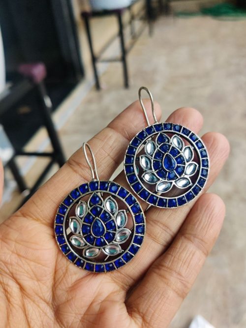 Silver Replica Stone Work Lotus Earrings | Elegant Ethnic Jewelry