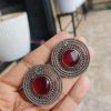 Oxidised Silver Replica Round Stud Earrings | Traditional Stone Earring