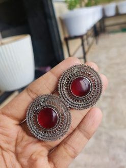 Oxidised Silver Replica Round Stud Earrings | Traditional Stone Earring