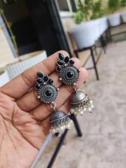 Designer Silver Replica Stone Work Jhumka Earrings with Pearl Work