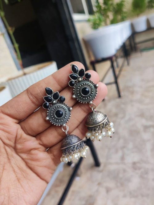 Designer Silver Replica Stone Work Jhumka Earrings with Pearl Work