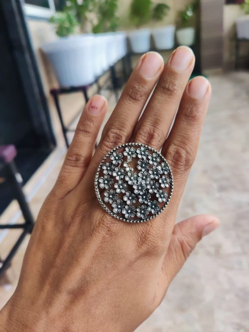 Oxidized Silver Plated Flower Style Adjustable Ring For Her