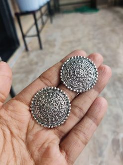 Elegant Silver Plated Round Stud Earrings | Ethnic Wear Jewelry For Girls / Woman