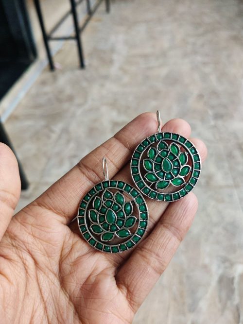 Silver Replica Stone Work Lotus Earrings | Elegant Ethnic Jewelry - Image 2