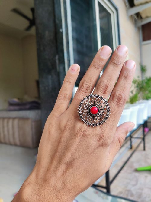 Designer Silver Plated Stone Stud RIng For Girls