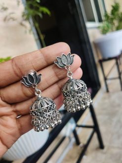 Antique Silver Plated Lotus Stud Jhumka Earrings | Perfect Jhumki Jewelry Gift