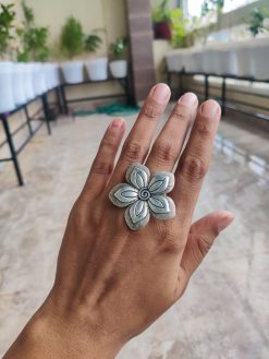 Beautiful German Silver Free Size Flower Rings | Adjustable Oxidized Ring For Her