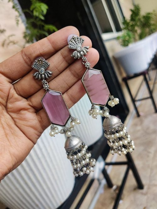 Designer Long Silver Replica Pearl Jhumka Earrings with Stone Stud