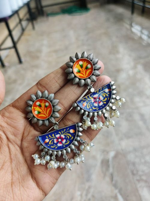 Hand-painted Silver Replica Stone Dangler Earrings | Elegant Jewelry