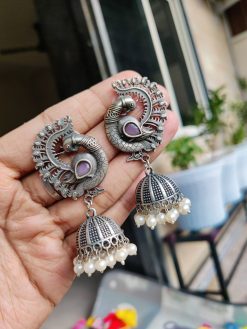 Stylish Silver Replica Pearl Work Peacock Earrings for Daily Wear