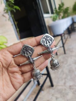 Silver Polished Trishul Jhumki Earrings | Dangler Jewelry for Girls
