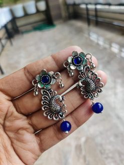 Antique Look Silver Plated Flower Stud Peacock Earrings | Antique Studs Jewelry