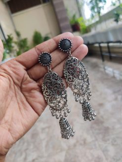 Silver Plated Long Jhumka Earrings | Oxidized Dangler Jewelry