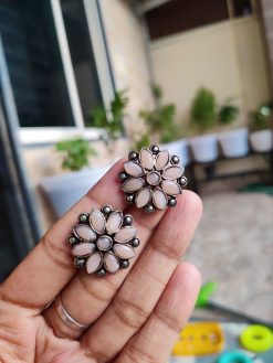 Antique Silver Replica Stone Stud Earrings | Ethnic Studs Jewelry For Girls