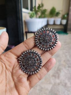 Oxidized Silver Polished Round Stud Earrings | Stylish Partywear Jewelry