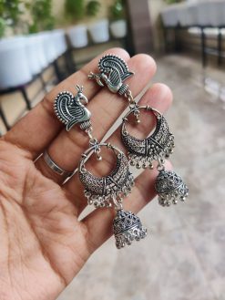 Silver Plated Peacock Chandbali Jewelry | Dangler Jhumka Earrings