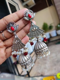 Silver Replica Dangler Handmade Jhumka Earrings | Pearl & Stone Jewelry