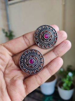 Elegant Round Floral Art Stud Earrings | Silver Replica Oxidized Jewelry for Women and Girls in Stylish Design