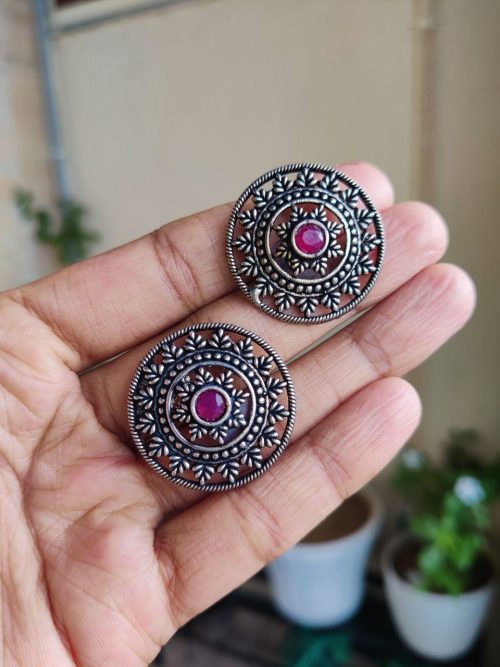 Elegant Round Floral Art Stud Earrings | Silver Replica Oxidized Jewelry for Women and Girls in Stylish Design