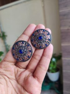 Beautiful Round Floral Art Stud Earrings | Traditional Silver Replica Oxidised Jewelry for Women and Girls Daily Wear - Color: "Blue"