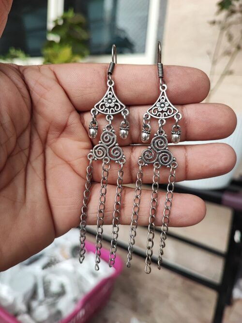 German Silver Long Chain Earrings | Elegant Oxidised Ethnic Jewelry for Women