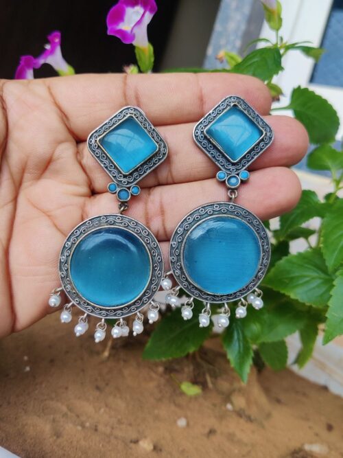 Exquisite Silver Replica Monalisa Stone Dangler Earrings | Stylish Ethnic Jewelry for Women