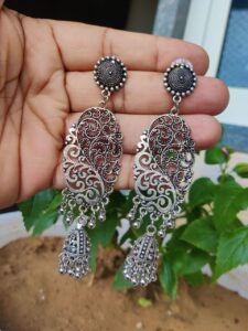 Stylish Oxidised Long Floral Art Jhumki Earrings | Elegant Ethnic Jewelry for Women