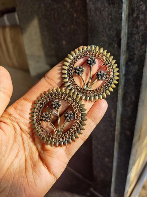 Antique Golden Flower Design Circle Stud Earrings ? Traditional Ethnic Jewelry for Women